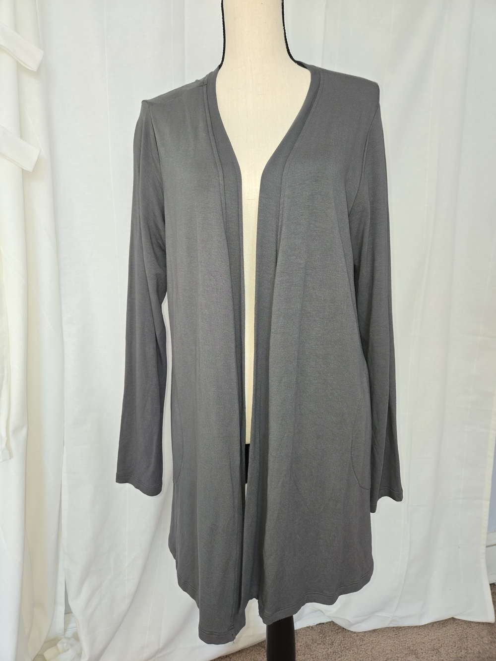 FLAX In Motion Gray Long Open Front Knit Cardigan Pockets Large Lagenlook